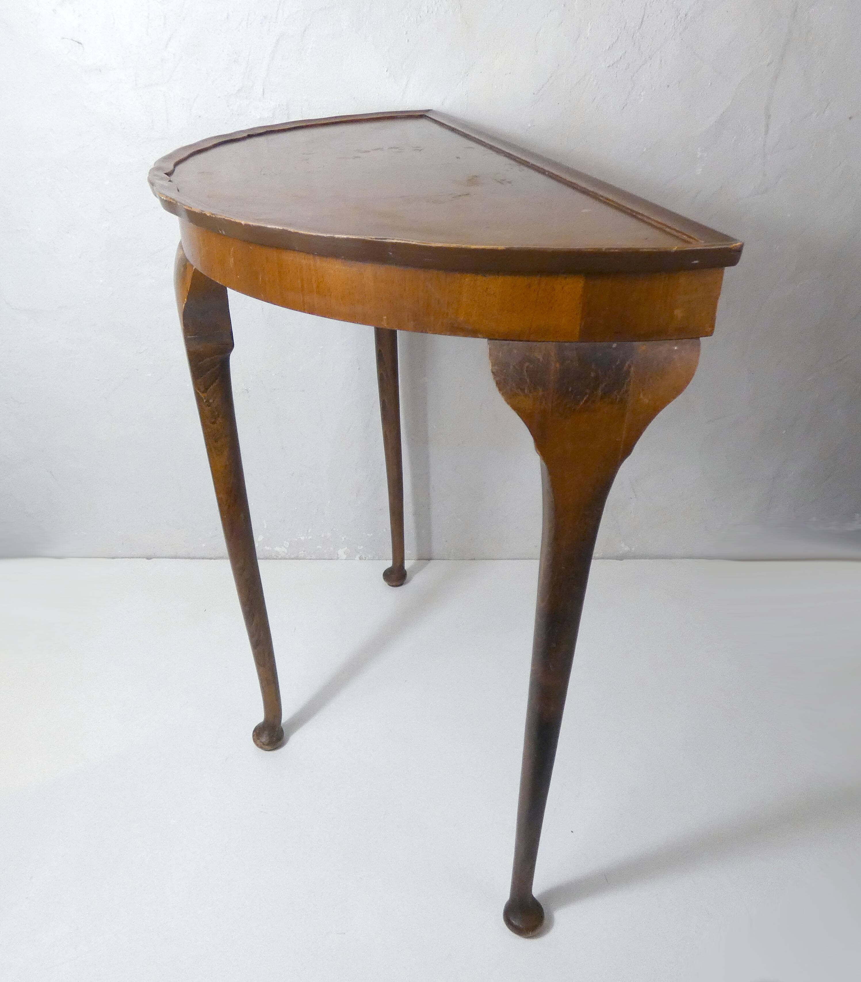 Old wooden half moon tripod console side table