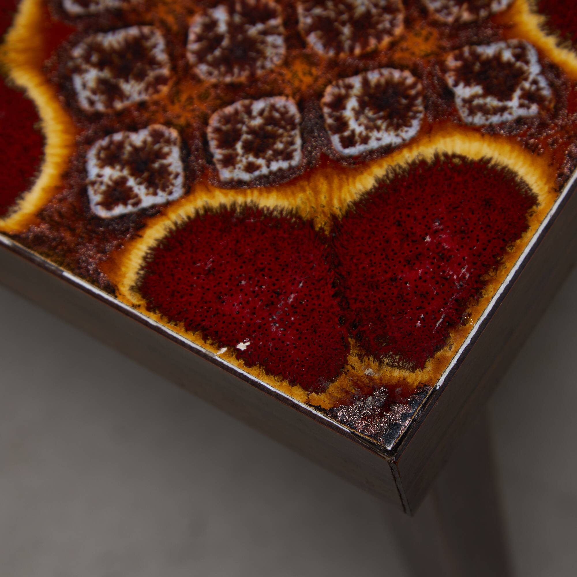 Wooden Veneer Low Side Table with Colourful Flower Ceramics Top, 1970s