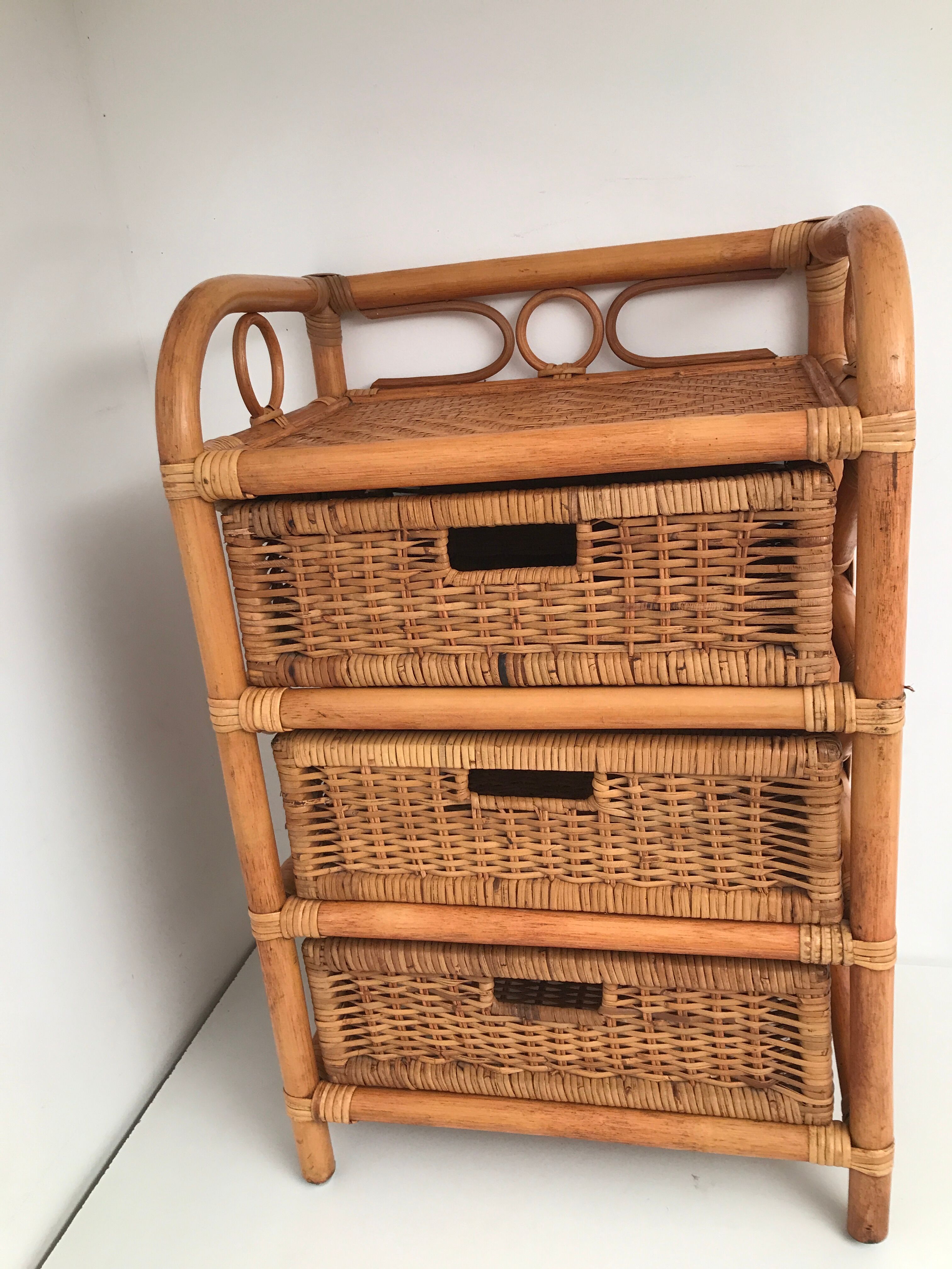 Rattan wicker storage cabinet with 3 vintage drawers