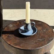 Vintage hand-held candlestick in blue glazed stoneware with floral decoration by Poterie Millian.
