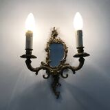 Pair of vintage bronze wall sconces with mirror and 2 candles. 1960s