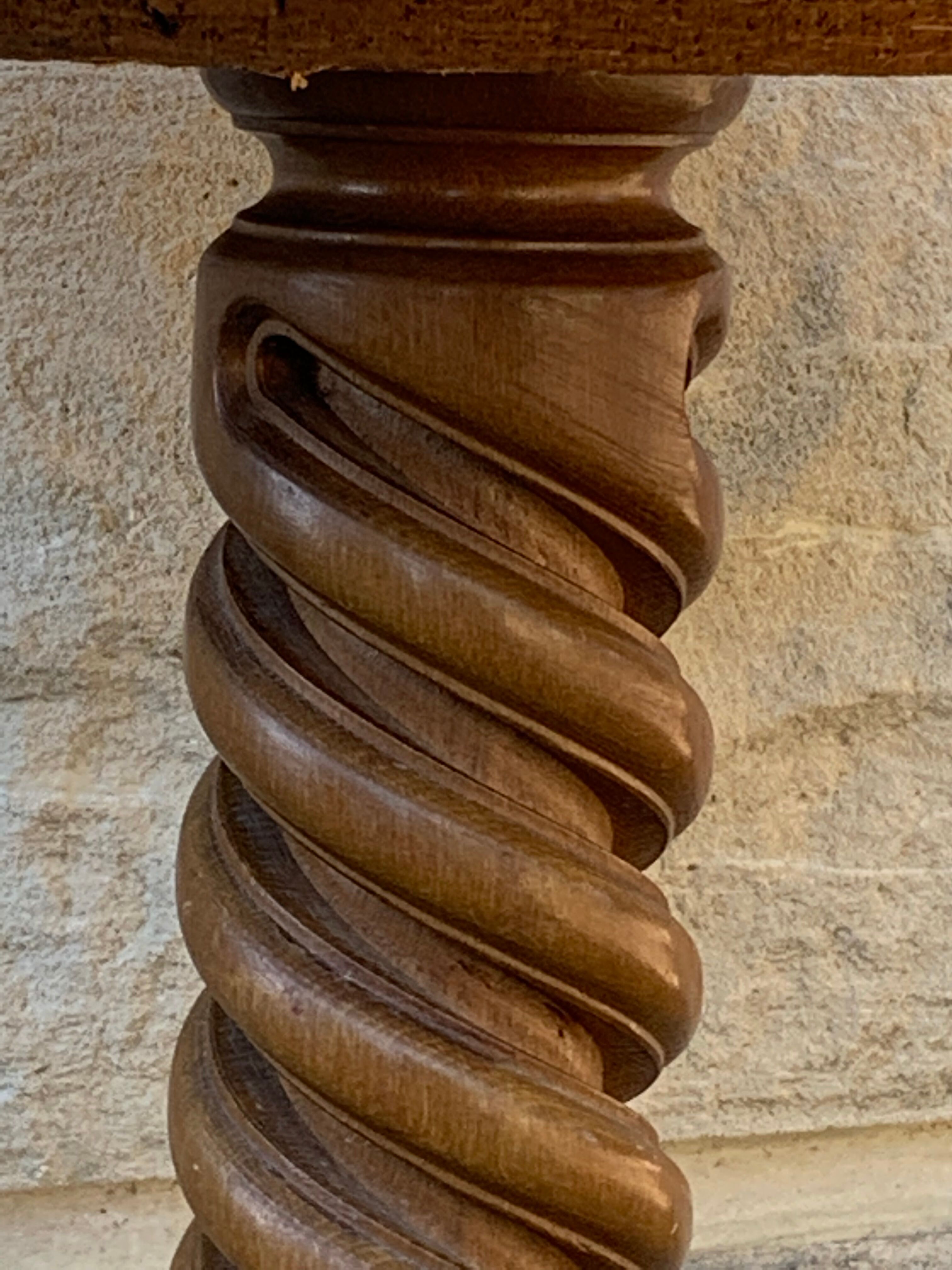 Vintage pedestal table turned wood and marble 1950