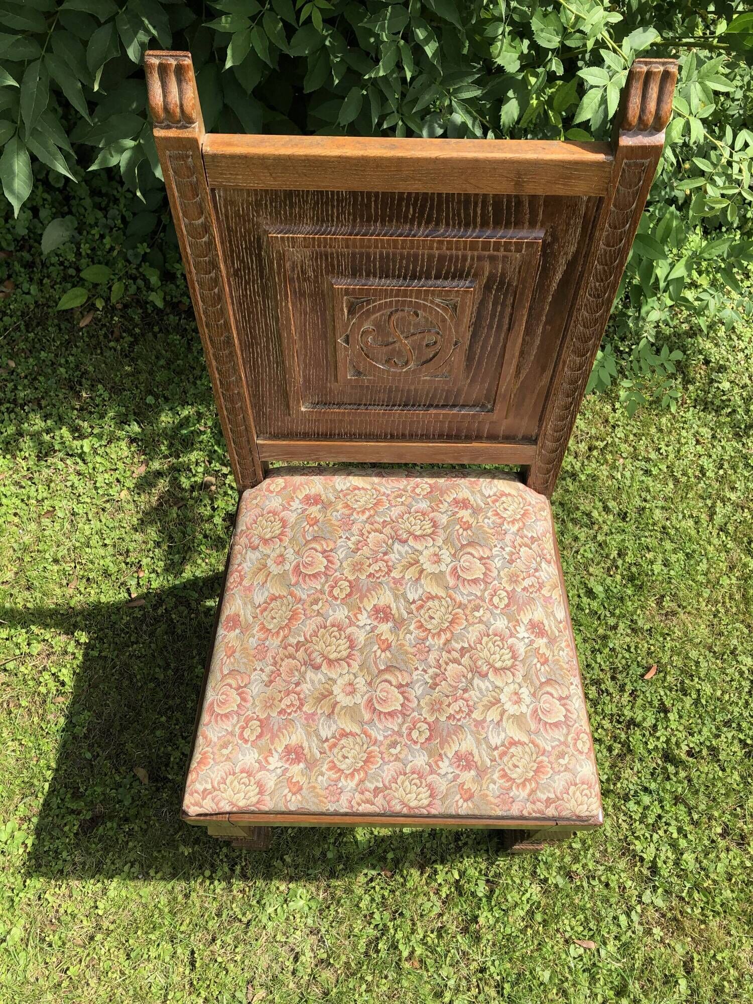 Series of 6 Chairs Neo Basque Wood Carved Cross Basque + Assise Fabric Vintage