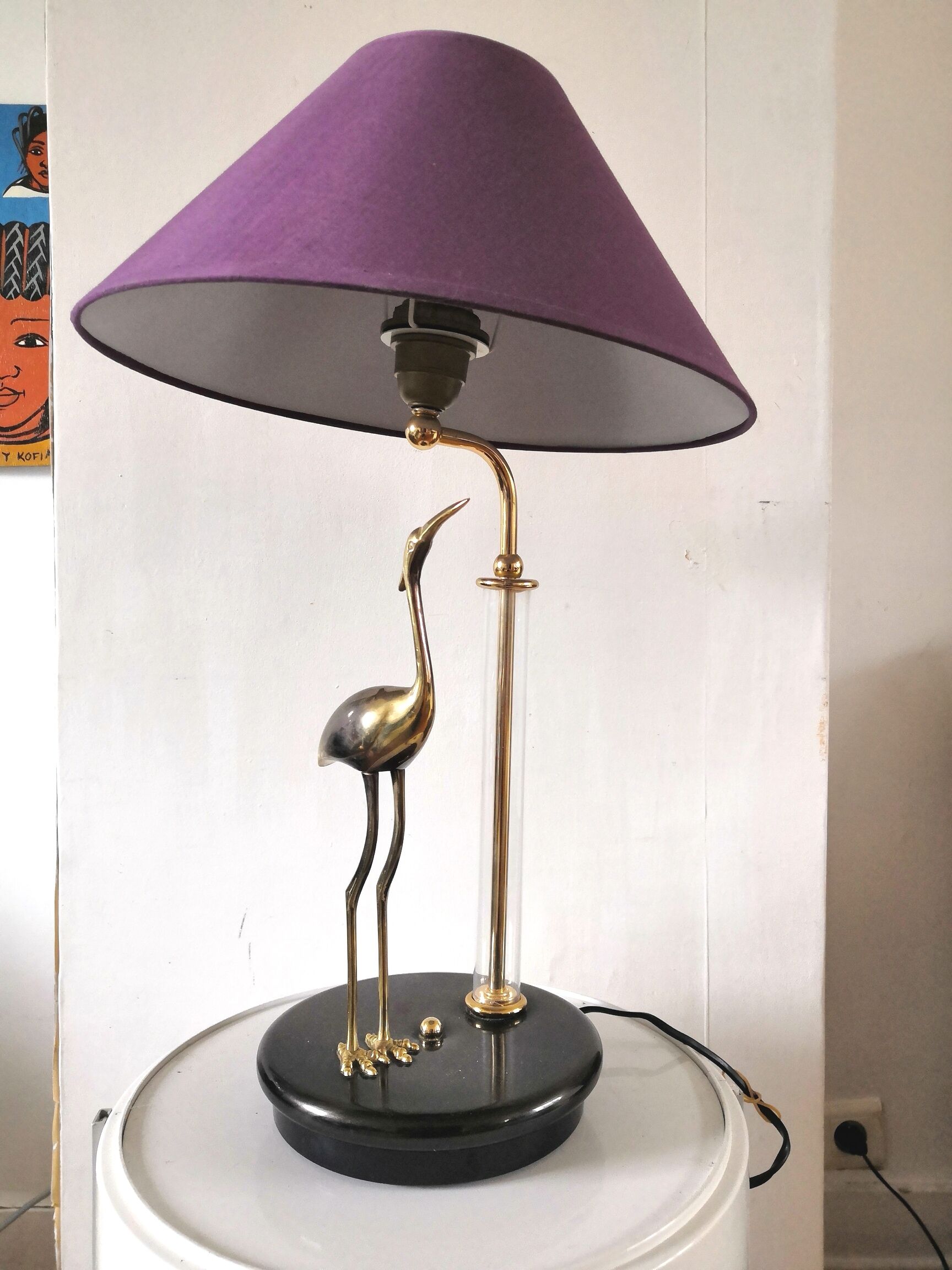 Lampe héron en laiton et tube verre design années 70