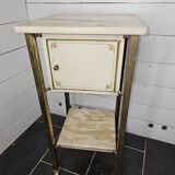 Bedside table in patinated iron, brass and marble tops