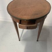 Round Louis XVI style pedestal table in marquetry wood, 20th century