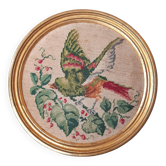 Round gold frame embroidered bird cross stitch
