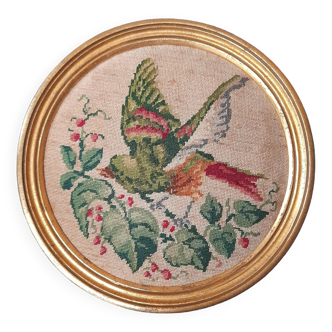 Round gold frame embroidered bird cross stitch