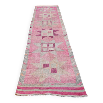 Tapis couloir vintage en laine turque tissé, 3x11 tons de rose doux, 92x345 cm