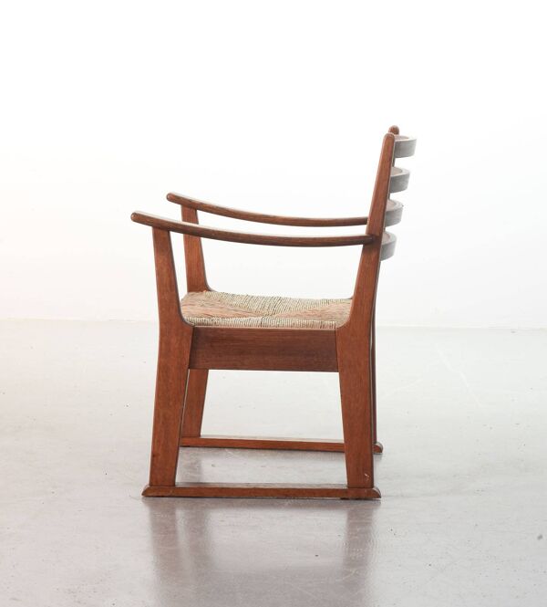 Rare fauteuil brutaliste en chêne Bas van Pelt avec assise en jonc tressé pour ma maison