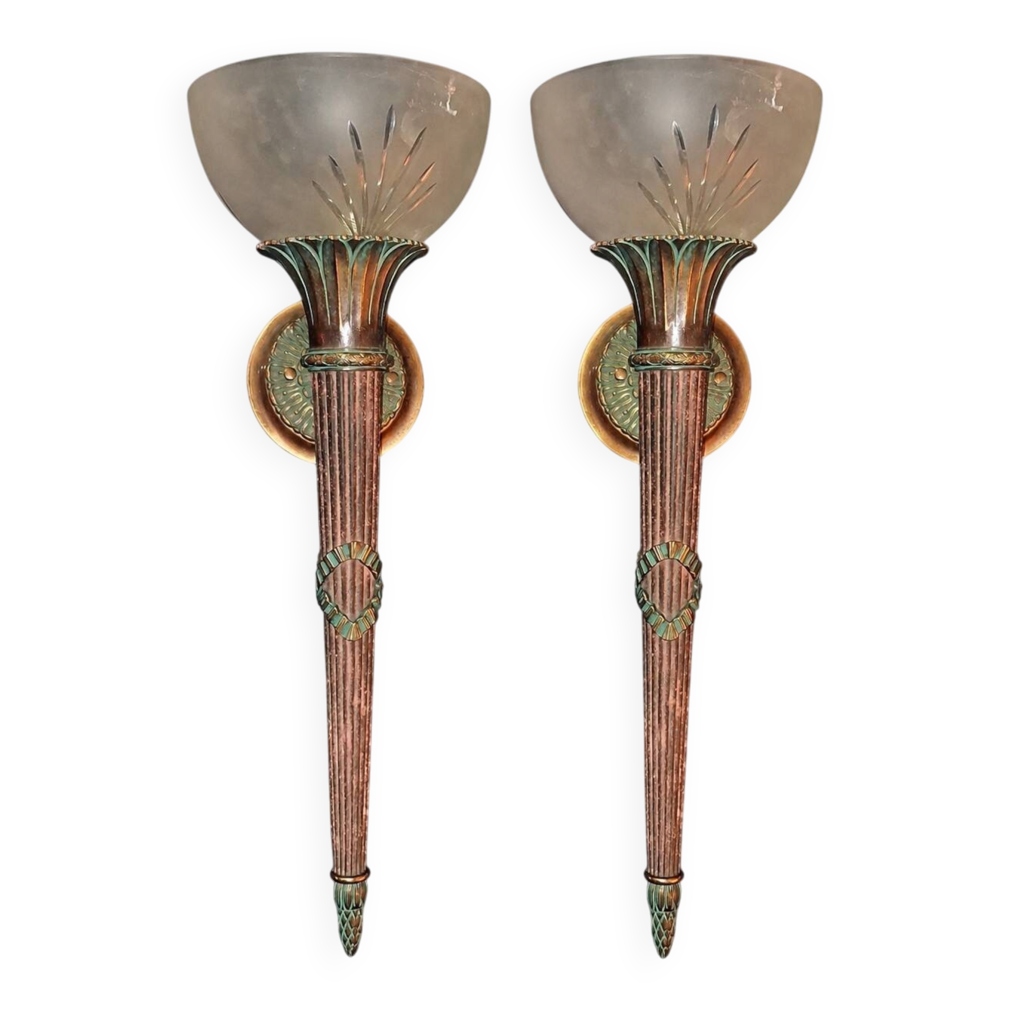 Pair of antique-style wall sconces in patinated bronze and frosted glass – early 20th century