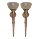 Pair of antique-style wall sconces in patinated bronze and frosted glass – early 20th century
