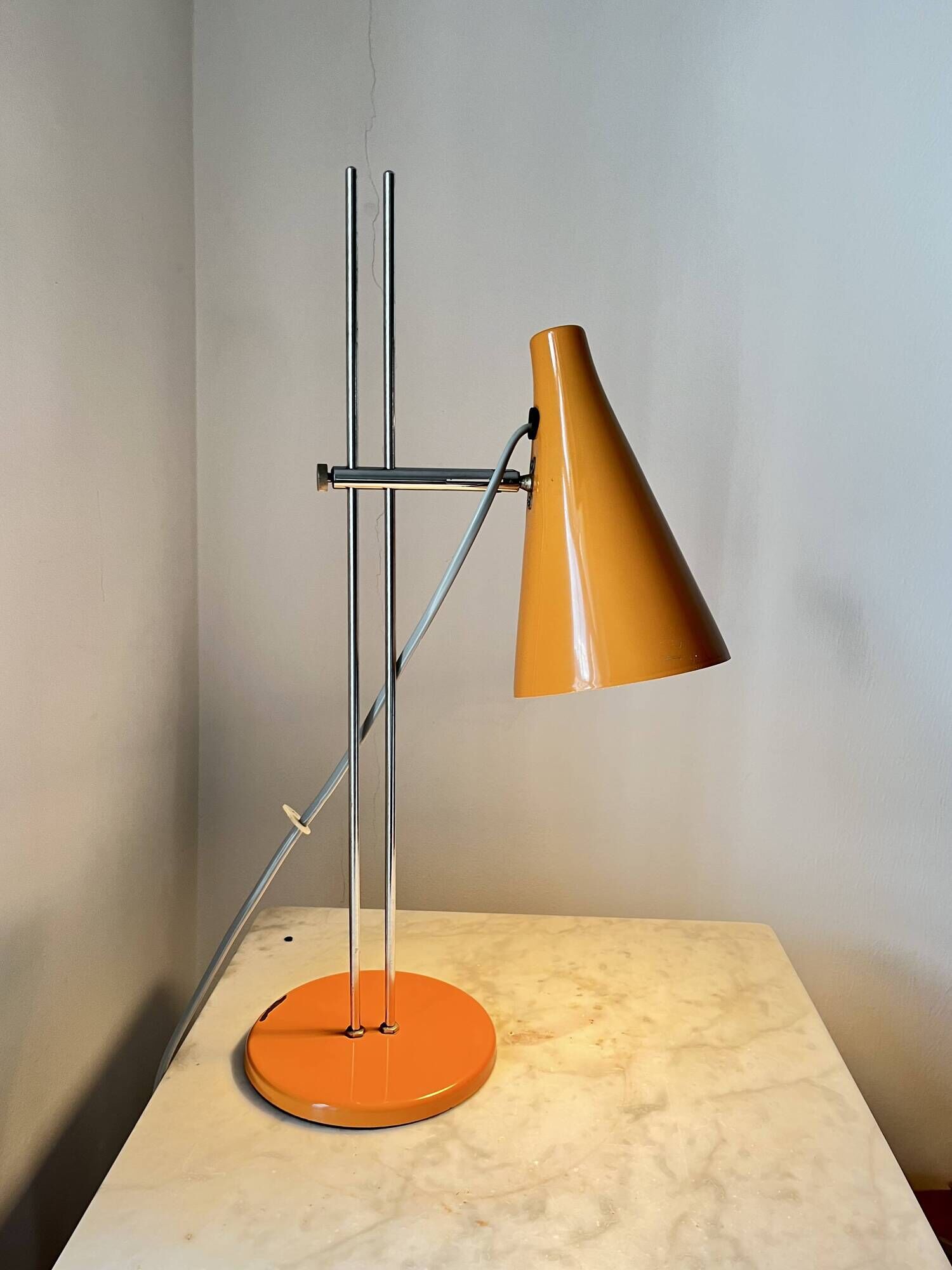 Vintage Mid-Century Table Lamp by Josef Hůrka for Lidokov | Orange & Chrome