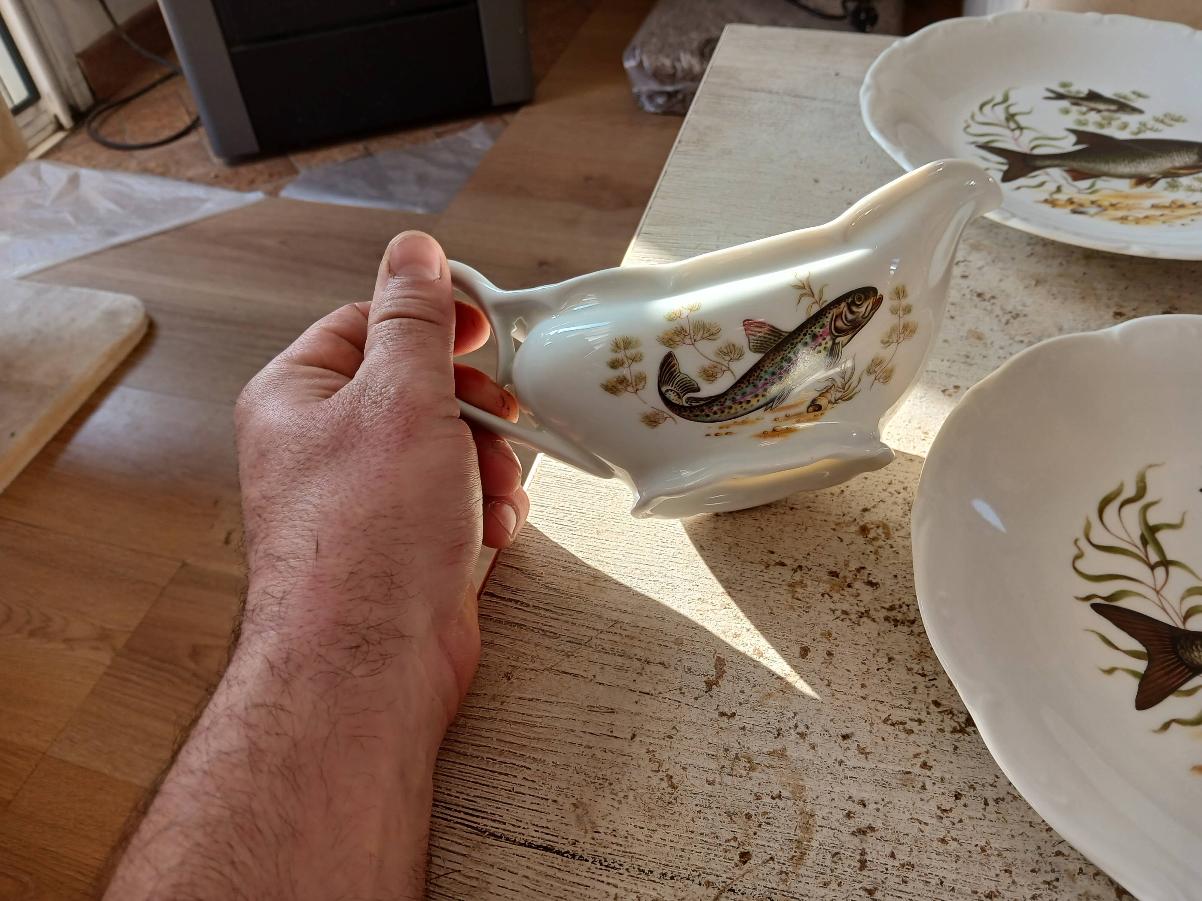 11 dinner plates, one large oval dish, and one gravy boat.