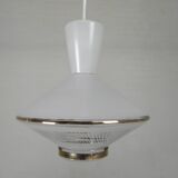 UFO-shaped pendant lamp with white glass on top and clear glass with white
