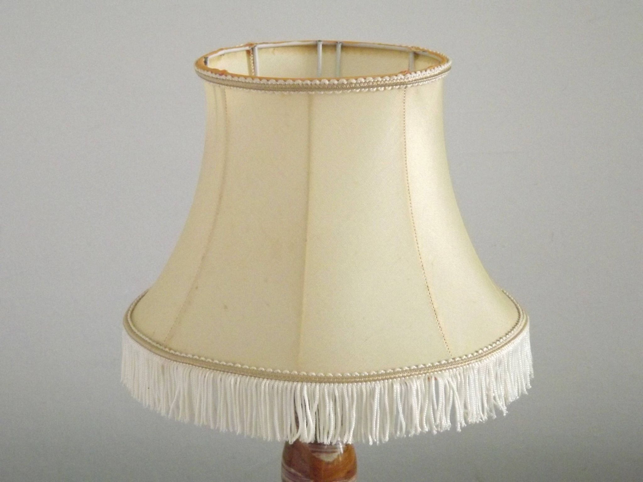 Vintage French Round Brass and Onyx Table Lamp With Cream Fringed Shade