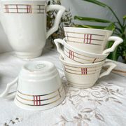 Vintage tea set in white porcelain with stripes, Moulin des Loups orcerame model "Richelieu"