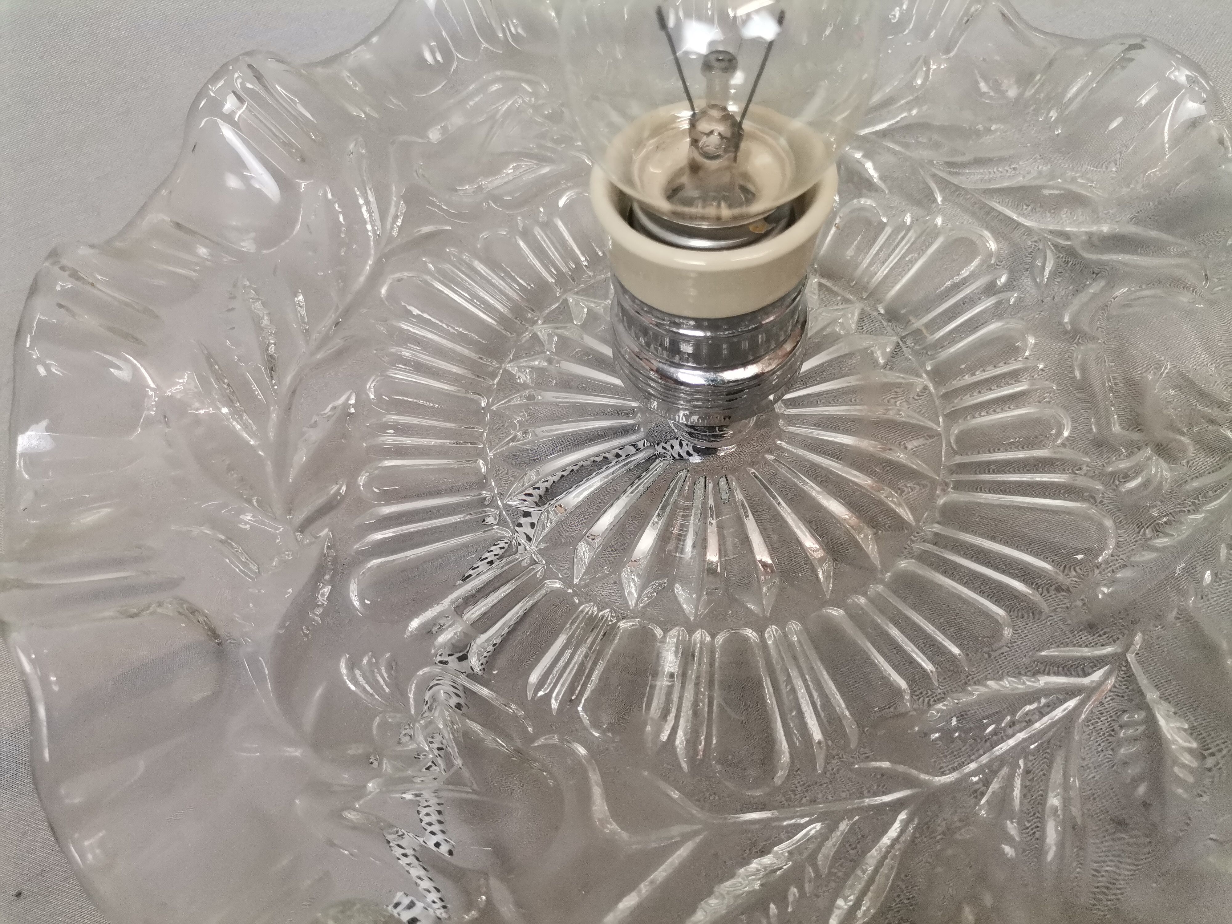 Portuguese farmhouse mid century clear floral glass dish pendant lamp 1960s