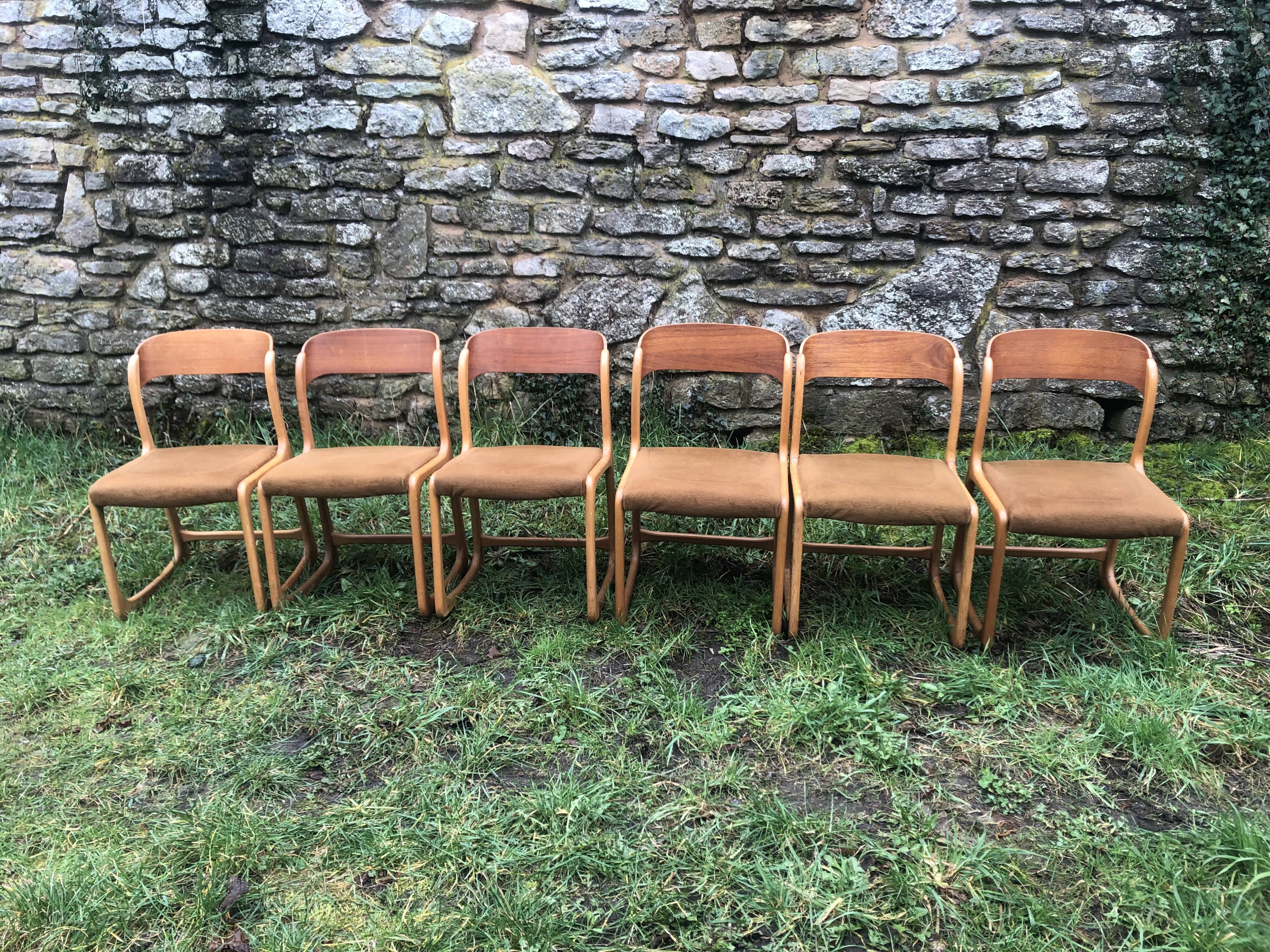 Set of 6 Baumann sleigh foot chairs 60s