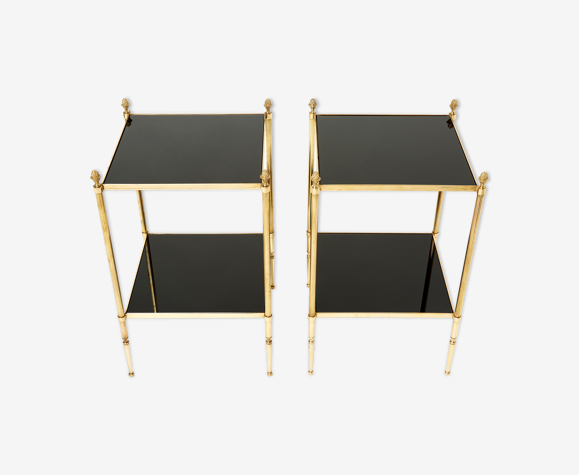 Paire de tables bouts canapé laiton opalines noires Maison Jansen 1960
