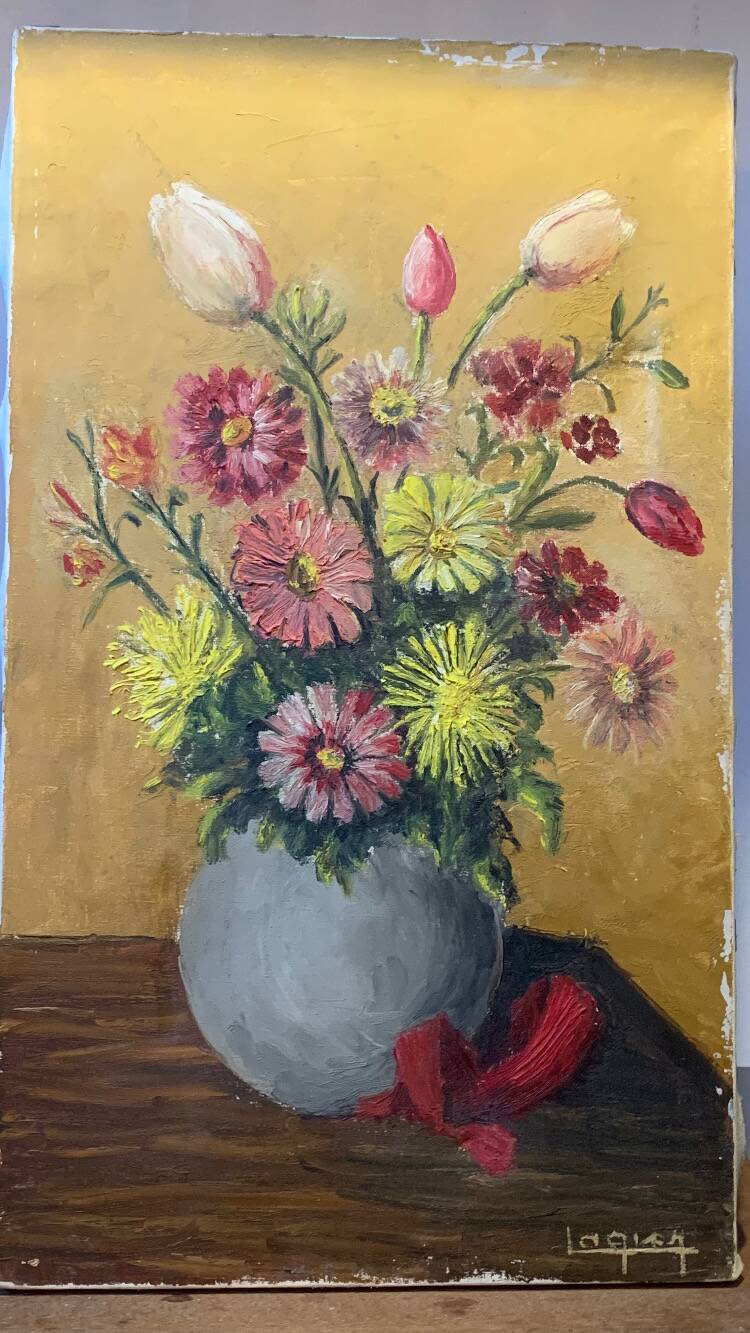 Painting the bouquet of flowers signed Lagier, canvas stretched on vintage frame