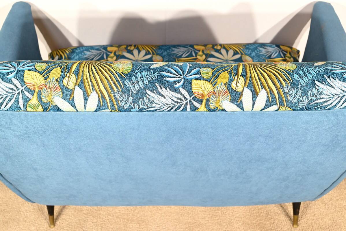 2-Seater Bench in Azure Blue Fabric – 1940s