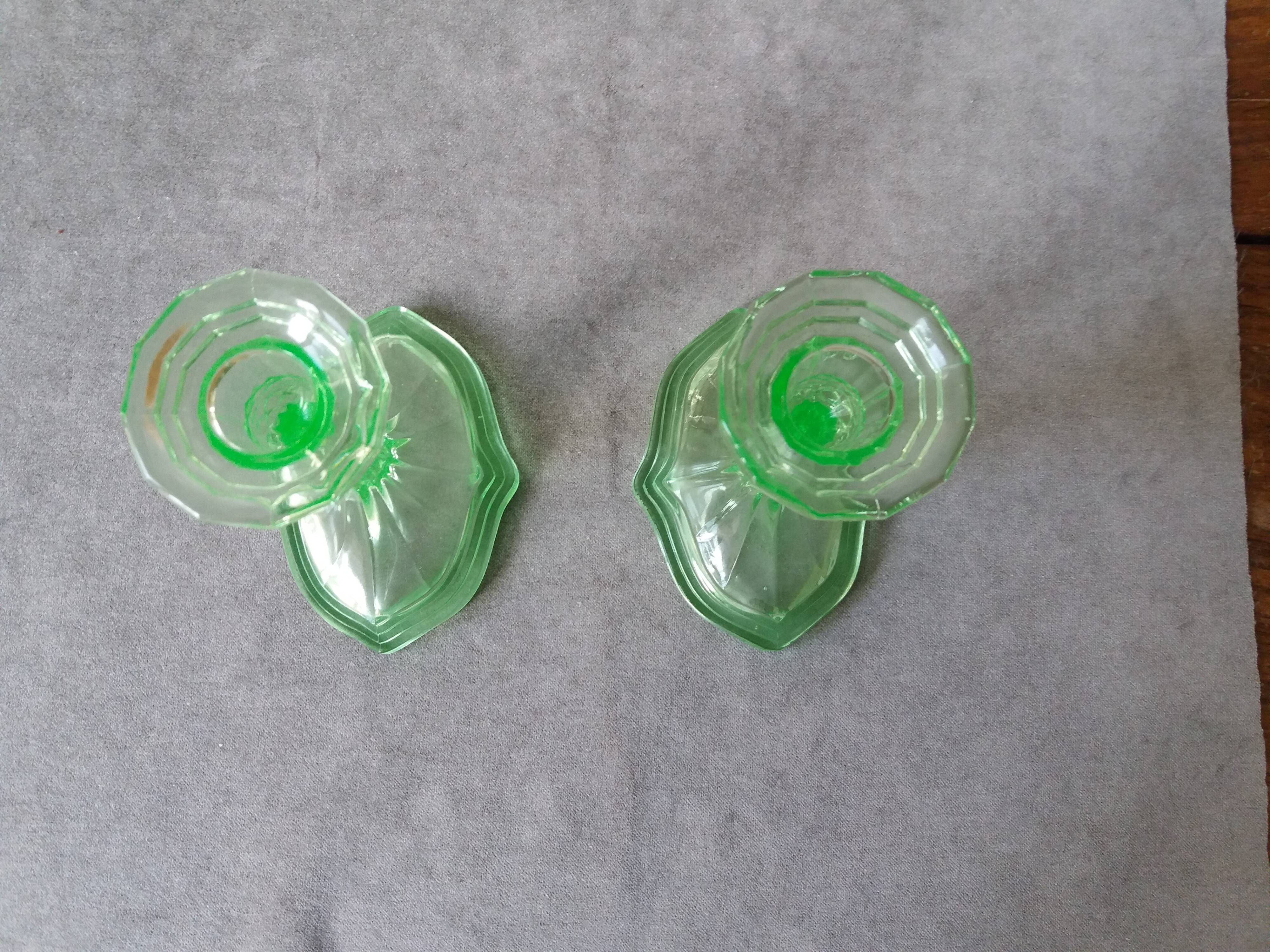 Pair of art deco candlesticks in molded pressed glass