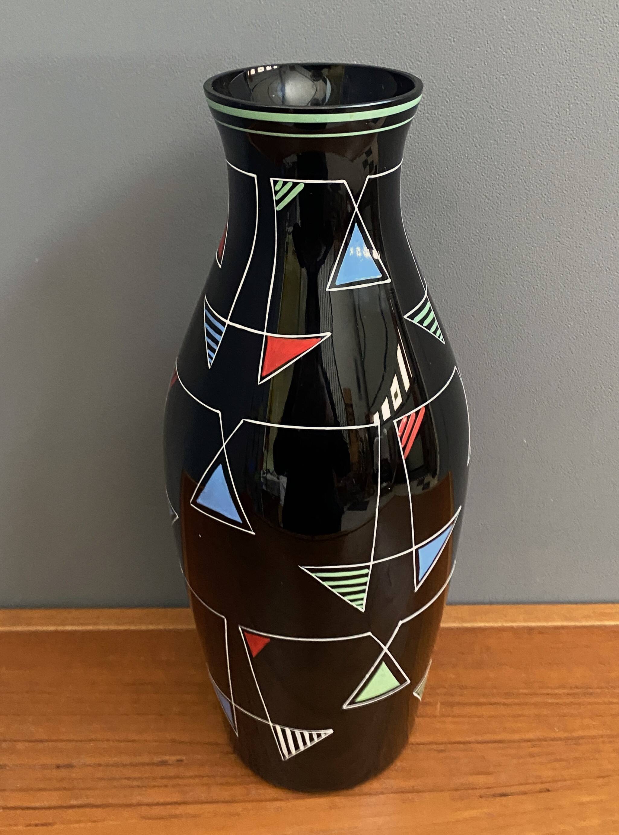 Black Glass vase with enamel decoration by VEB Wasungen 1970s