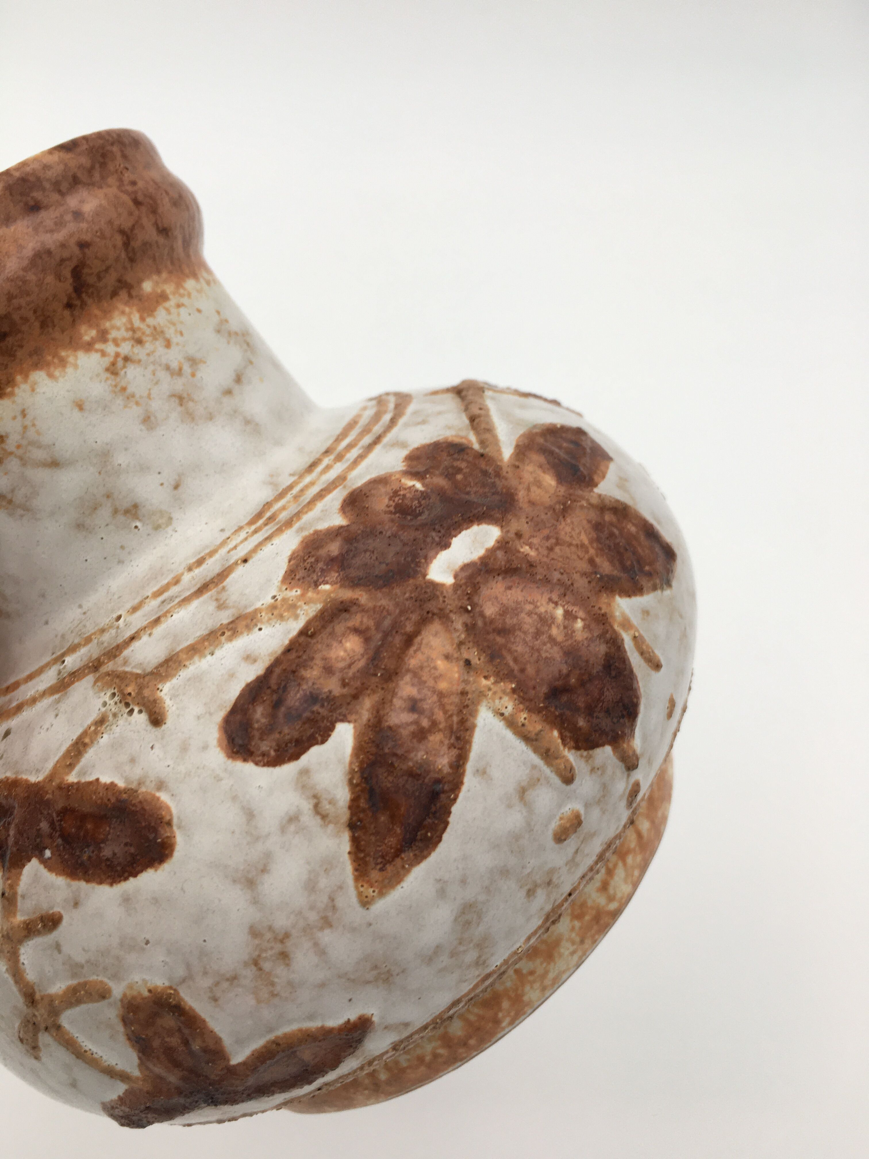 Vintage glazed ceramic vase, floral pattern, brown, beige - 1970s