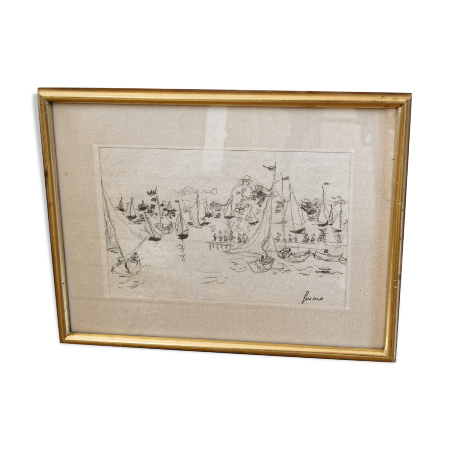 Dessin à la mine de plomb, port, signé Jean Fusaro