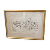Drawing at the lead mine, port, signed Jean Fusaro