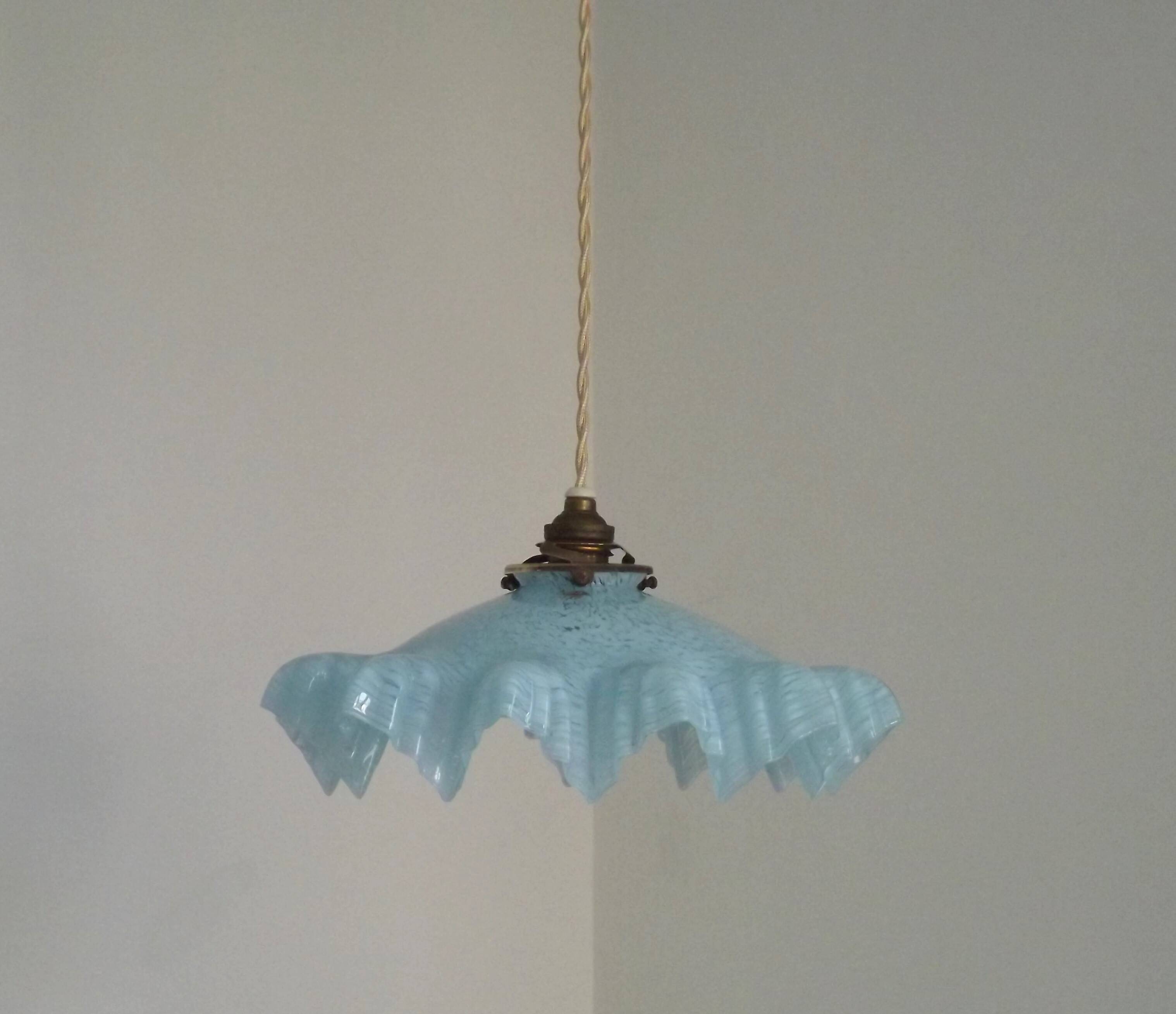 French Vintage 1930s Pale Blue Frilled Clichy Glass Lampshade Ceiling Light