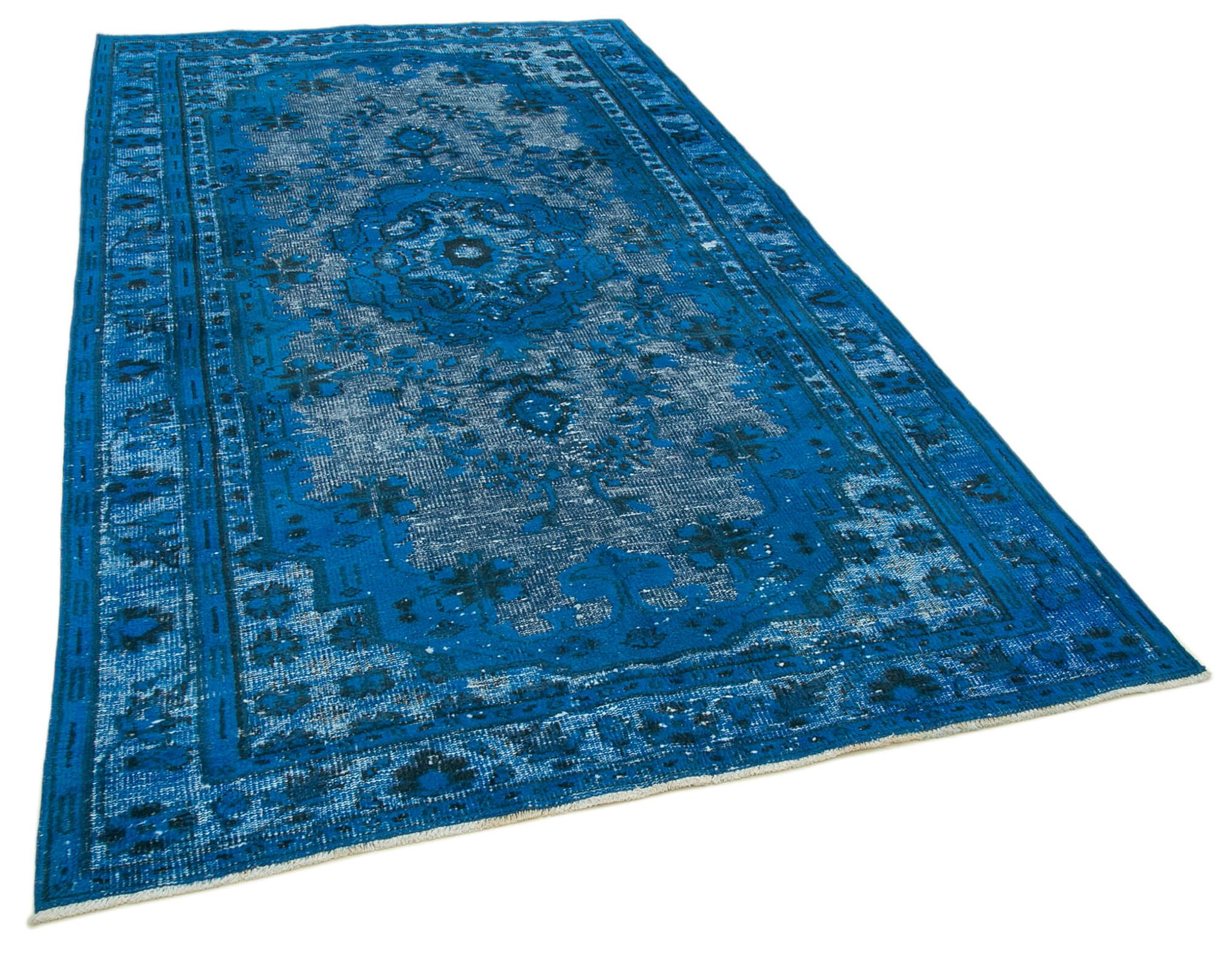 Handmade carved anatolian 1970s 172 cm x 289 cm blue rug