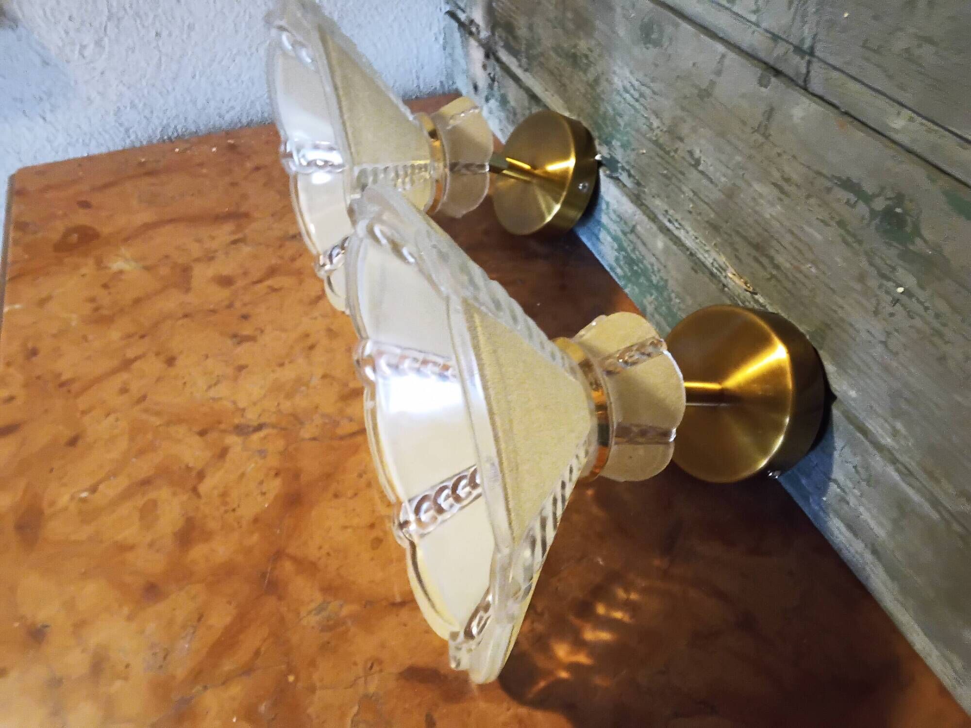 Pair of vintage wall lights in pale yellow granite glass