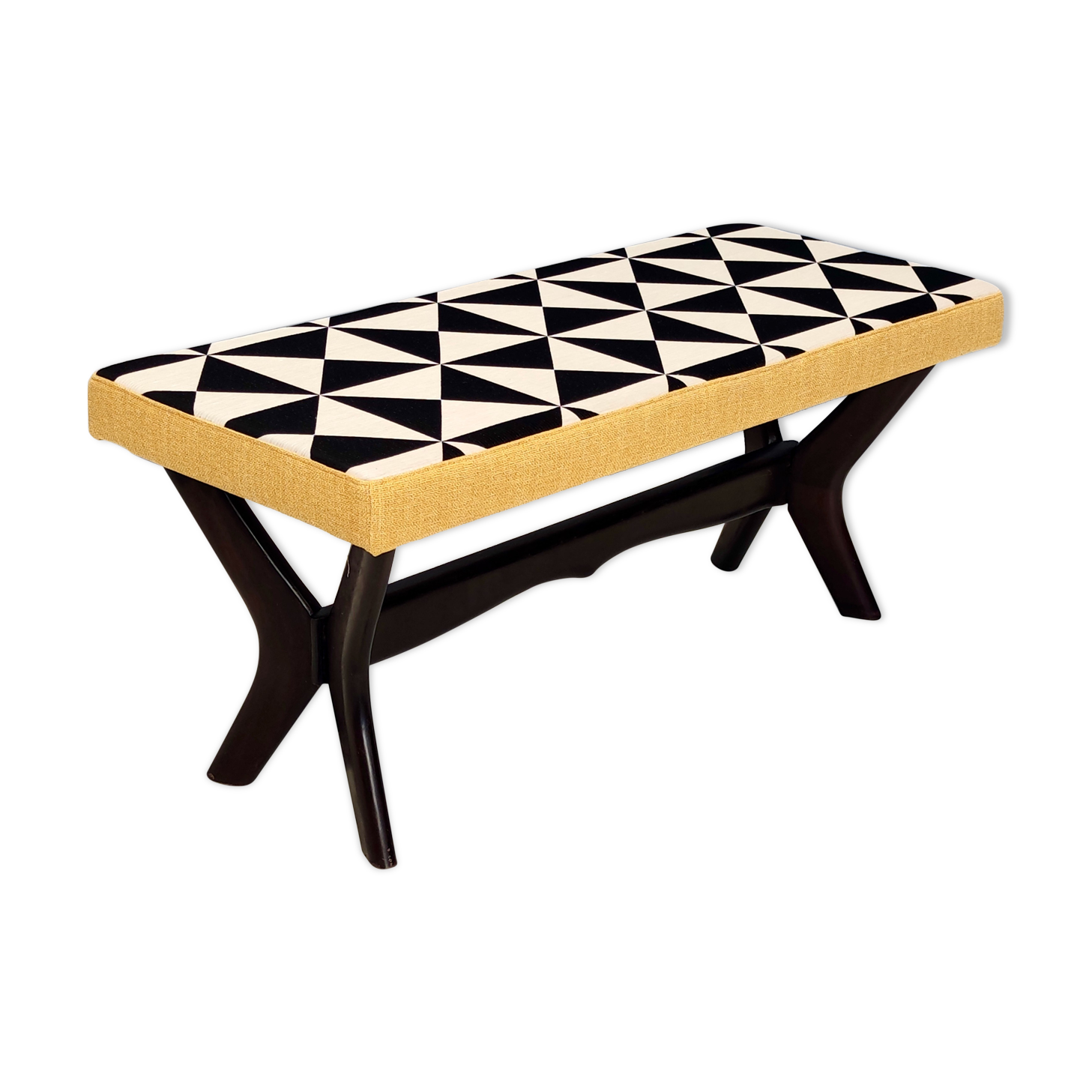 Midcentury Bench with Black, White and Yellow Fabric by Dedar, Italy, 1950s