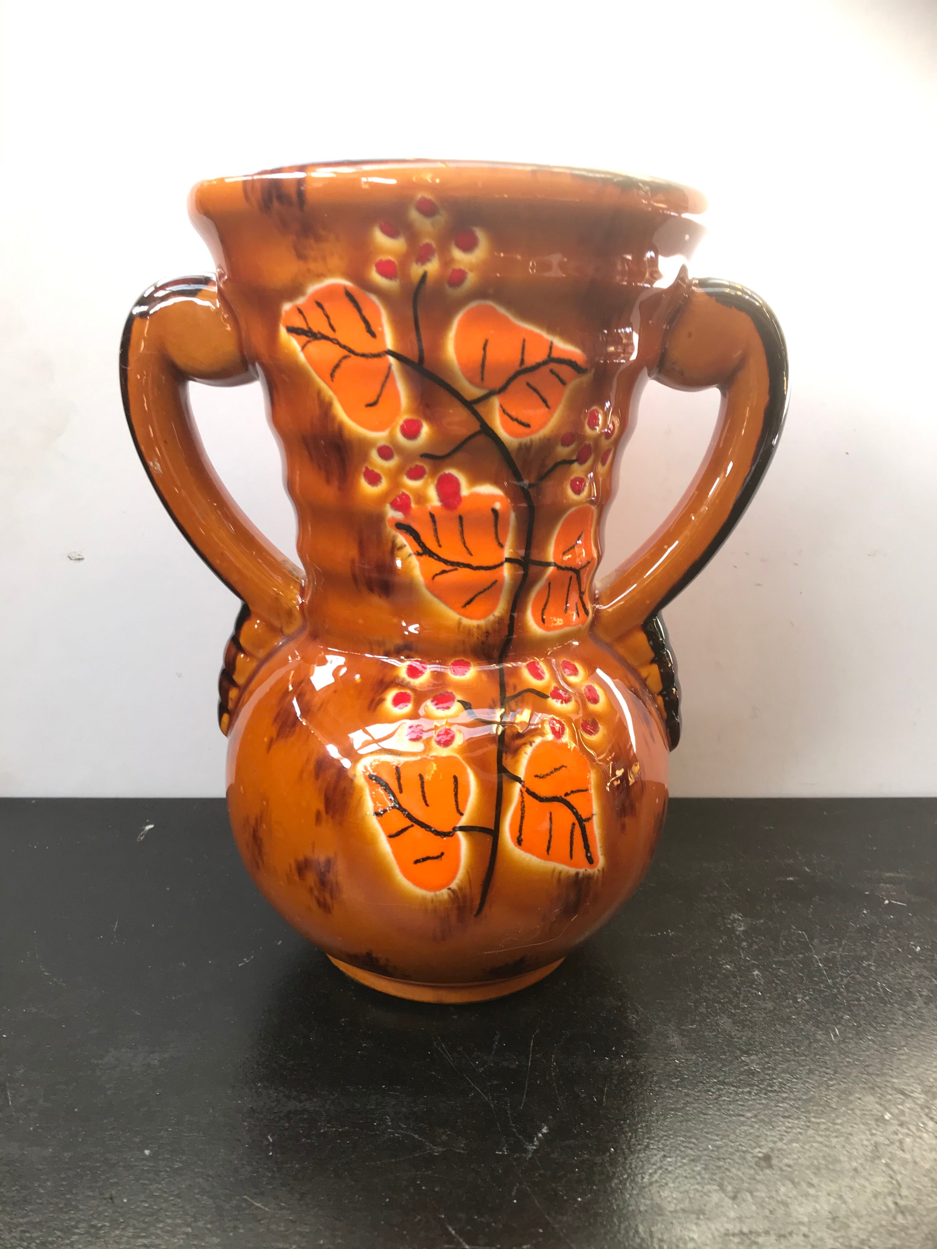 Ancient Vase With Autumn Ceramics Brown - Decor Leaves 70s Vintage