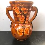 Ancient Vase With Autumn Ceramics Brown - Decor Leaves 70s Vintage