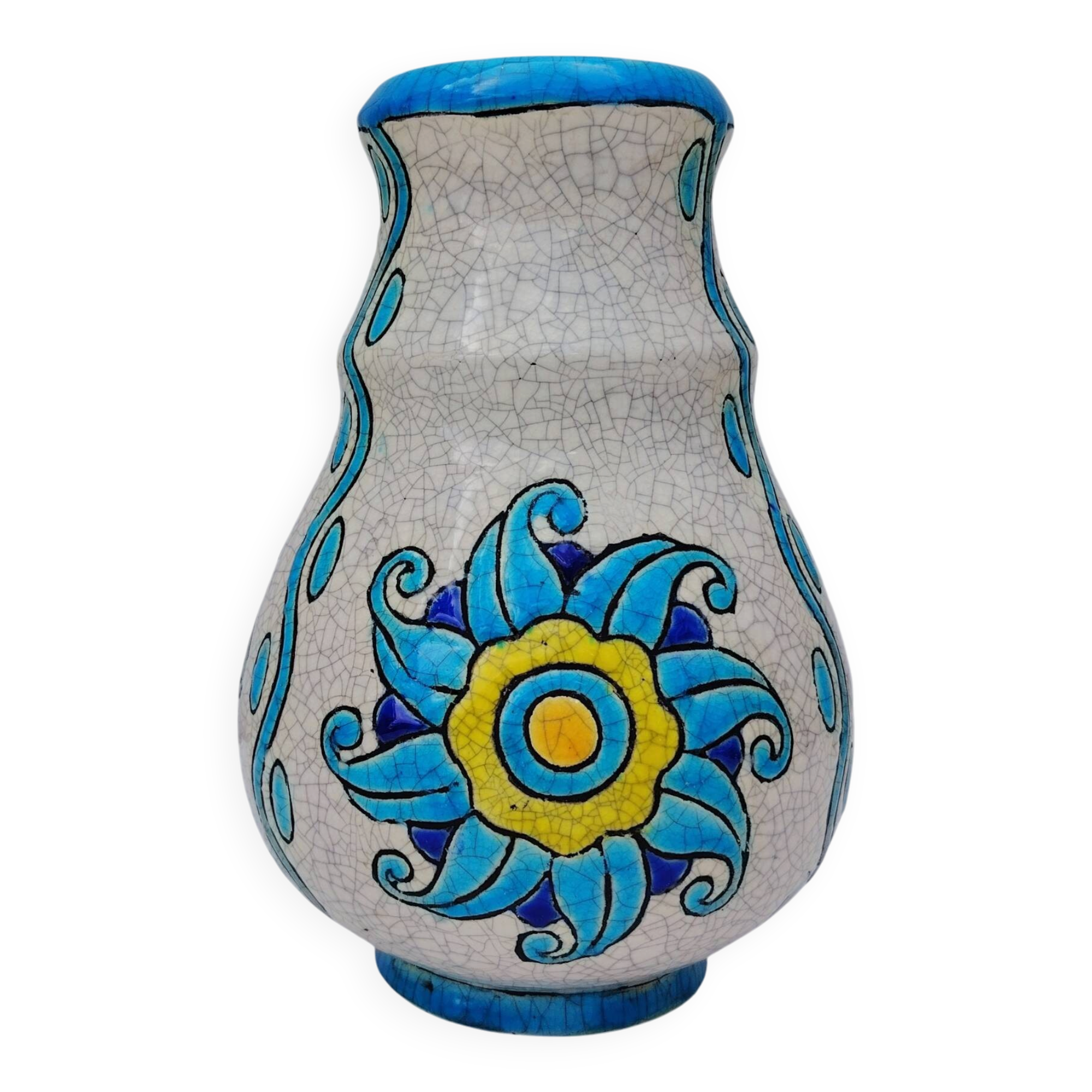 Glazed earthenware vase, floral/sun decoration, Catteau, Boch