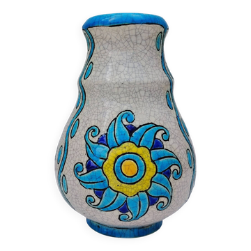 Vase en faïence émaillée, décor floral/soleil, Catteau, Boch