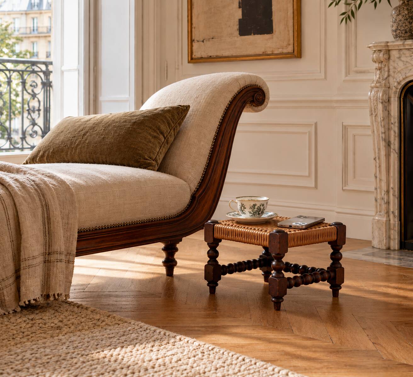 Antique French Turned Wood and Woven Rattan Footstool/ Sidetable