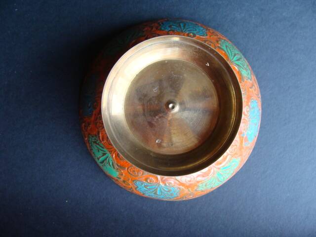 Peacock enameled brass bowl