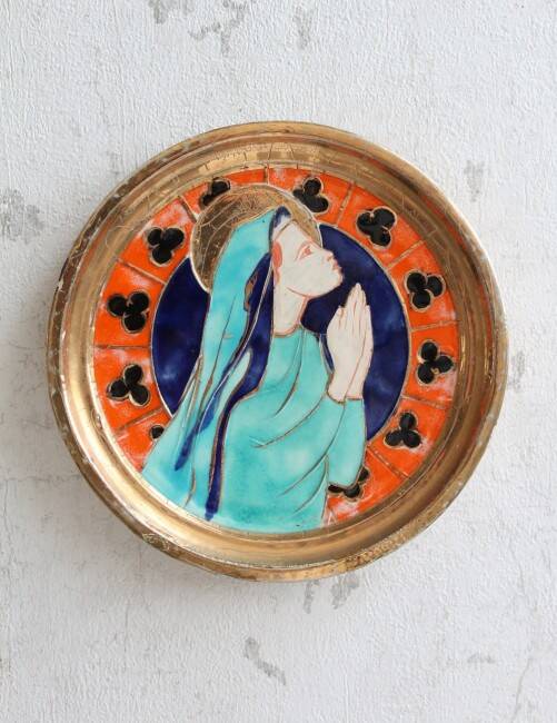 Round prayer plaque to hang, religious wall decoration, handmade enamel frame, 16 cm.