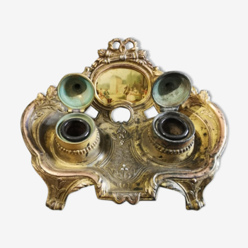 Double art nouveau copper brass inkwell