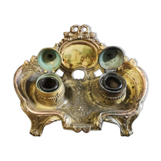 Double art nouveau copper brass inkwell