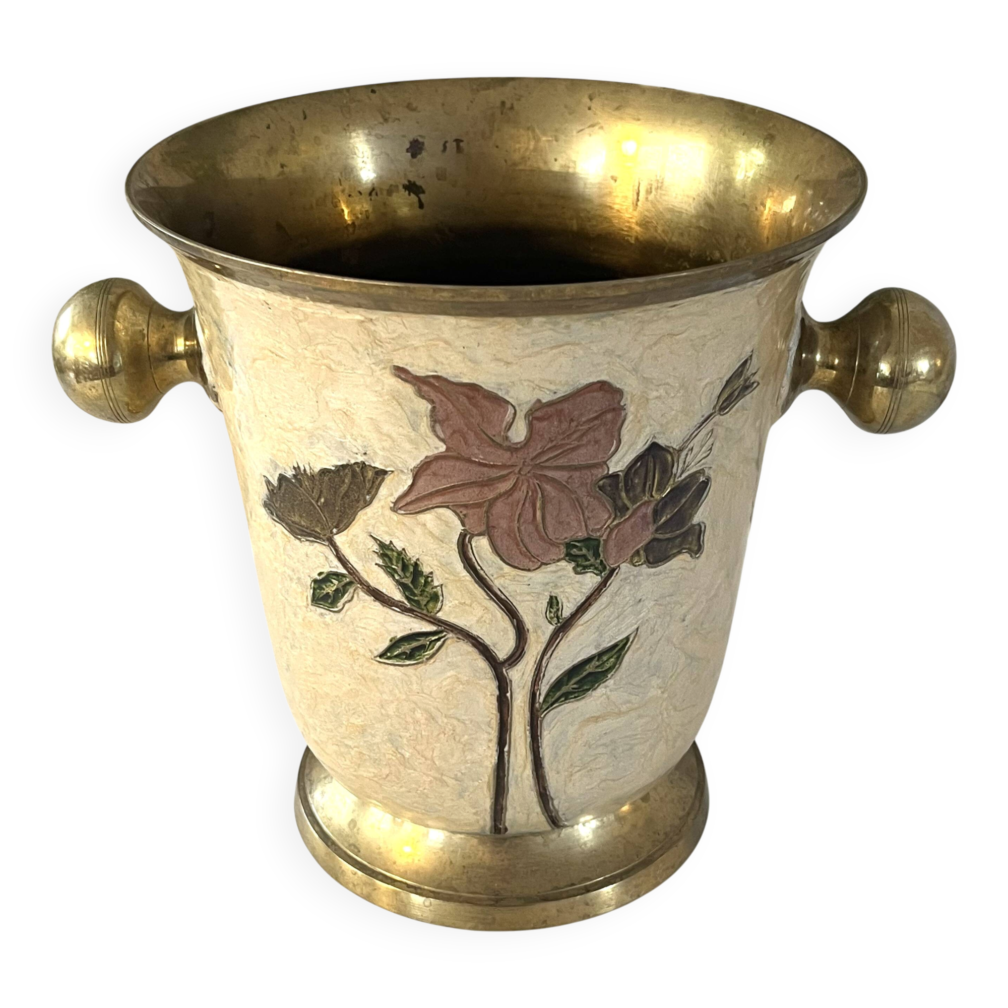 Rare French Art Nouveau Cloisonne Brass Champagne Cooler with Orchid E
