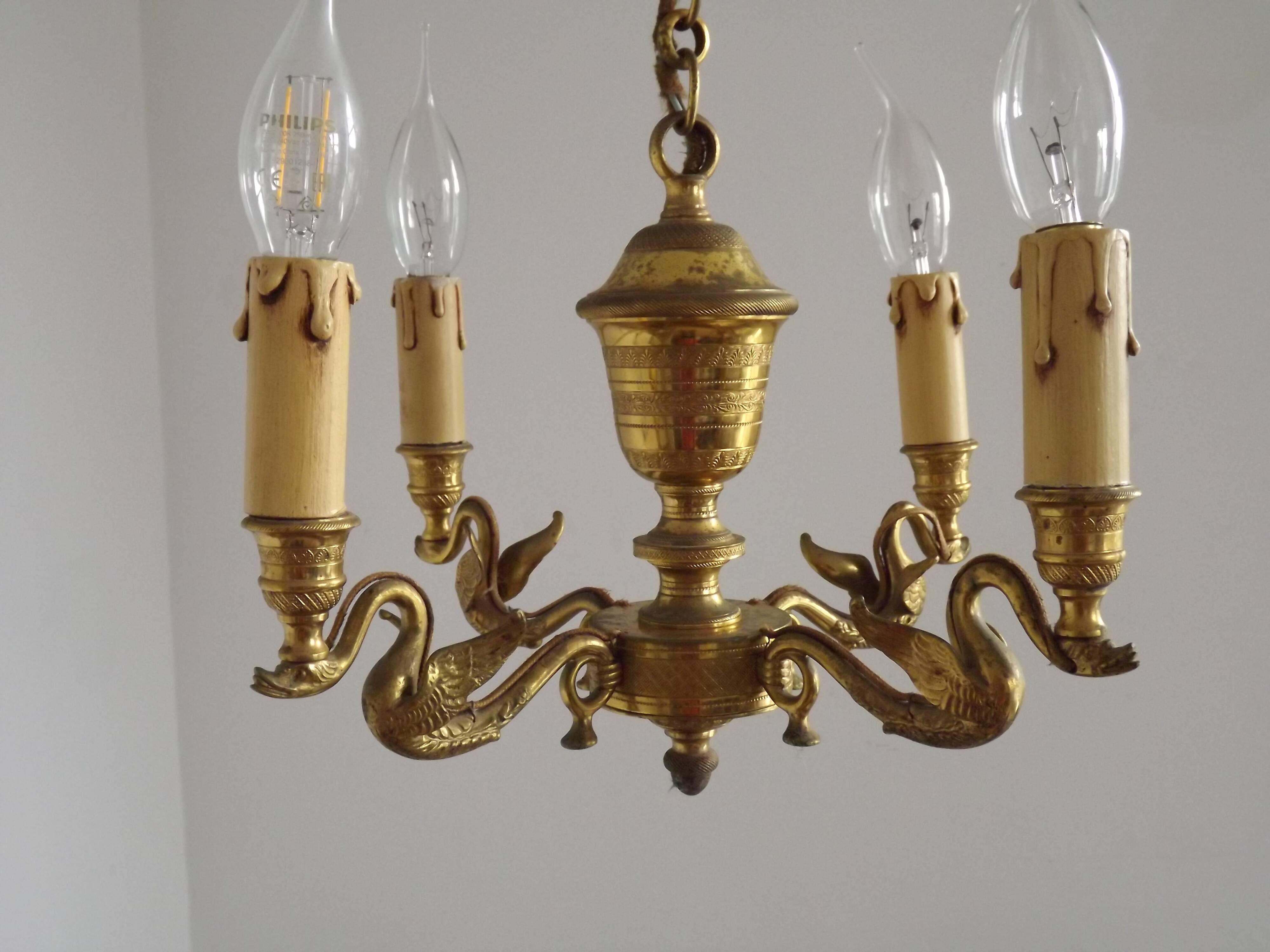 French Empire Style Bronze 4-Light Chandelier with Swan Detail Arms