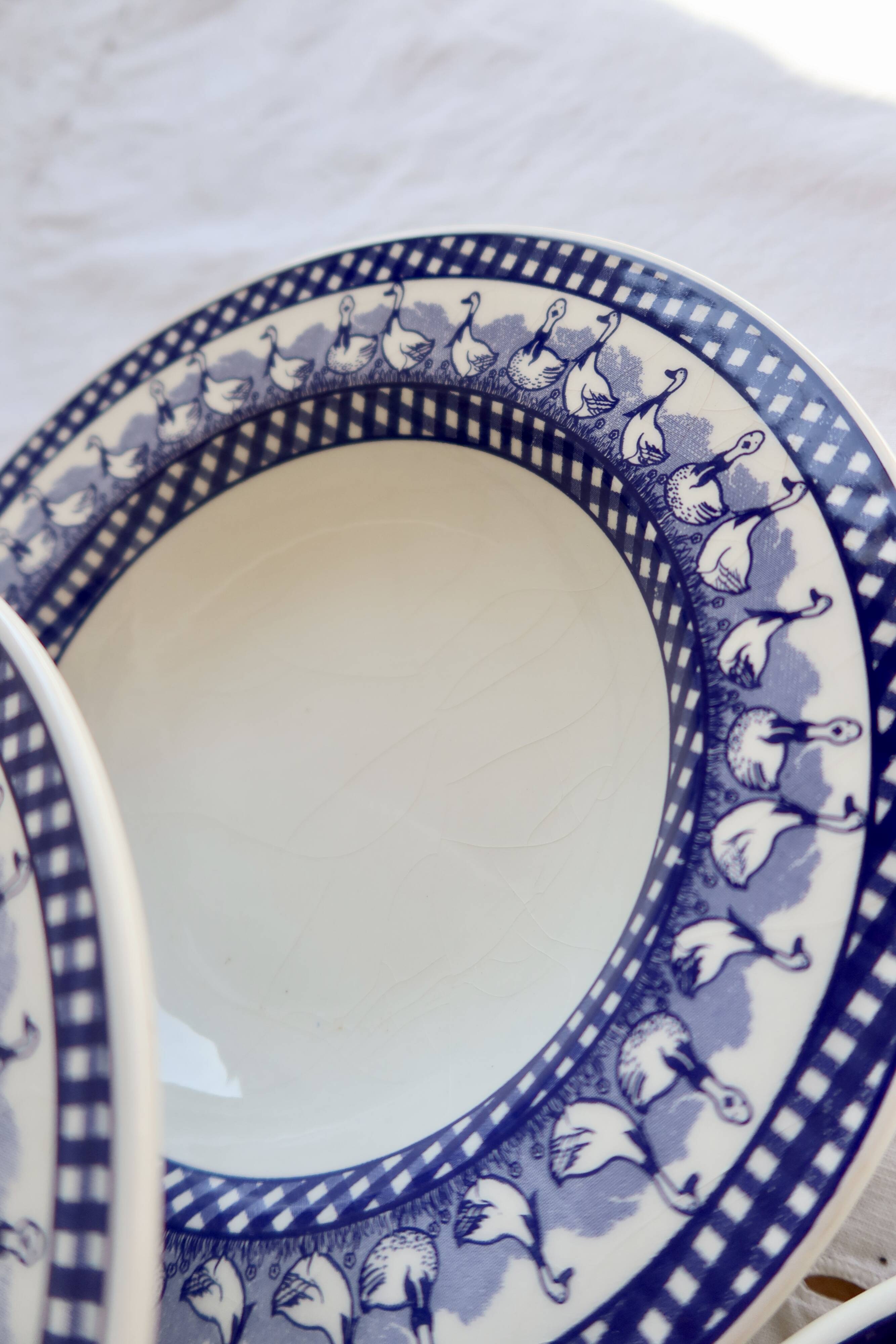 6 vintage deep plates with blue goose vichy decor