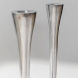 Set of 2 Stainless Steel Vintage Candle Holders, Silver Finish, Space Age Italian Design (1970s)
