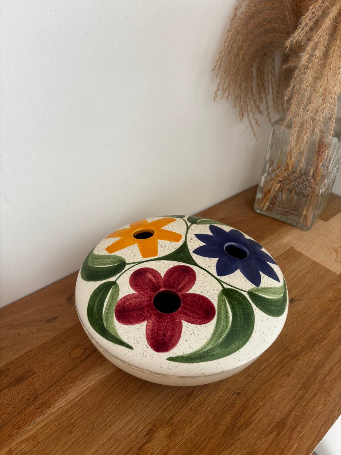 Charming vintage ceramic flower vase with floral decoration from the 1970s.