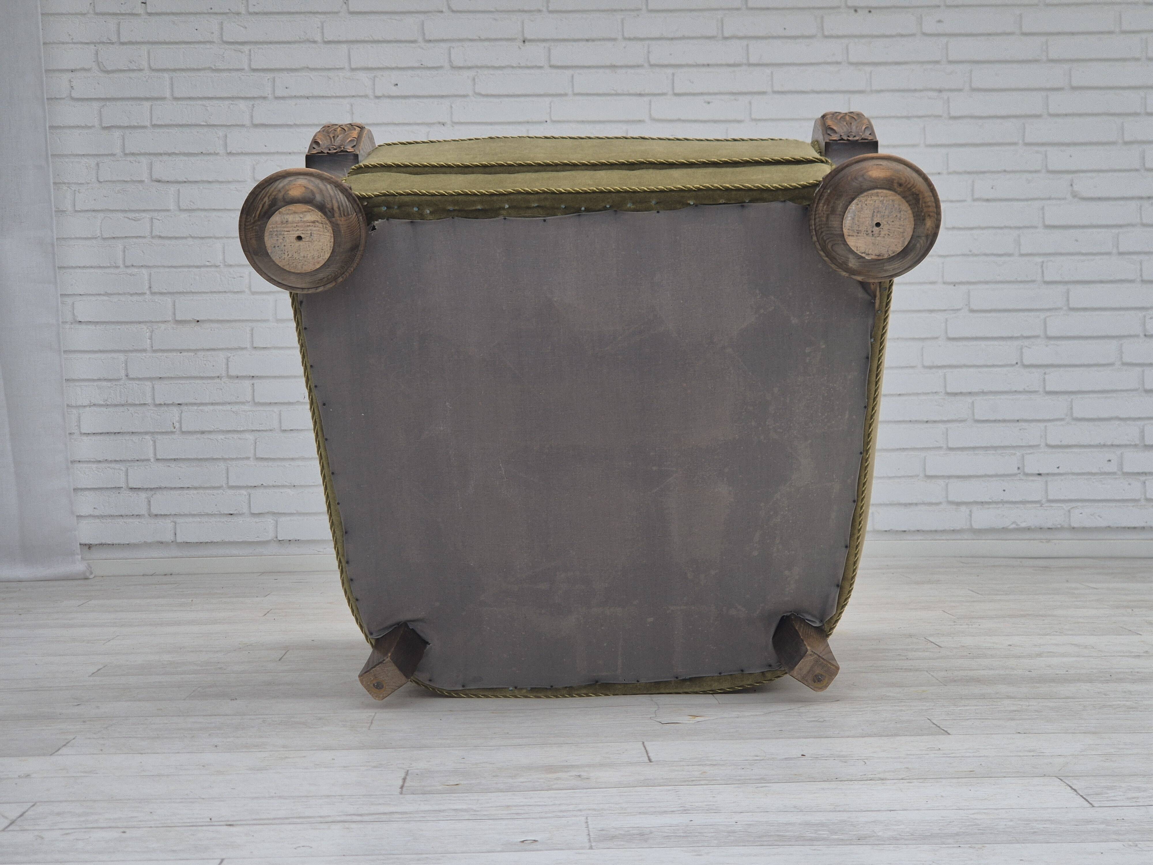 1960s, Danish relax armchair, green furniture velour fabric, oak wood.